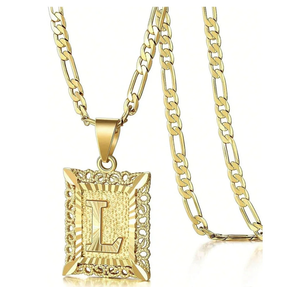 Initial Necklace Square Letter Pendant Necklace Capital Monogram Necklace Alhpabets From A-Z Figaro Chain Necklace